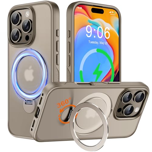 Hülle mit 360° Verstellbarem Ständer für iPhone 16 Pro Max für MagSafe - [Handyhülle Unsichtbarer Magnetisch Ring-Halter] [Militär Stoßfest Schutzhülle] Silikon Rahmen Matt Zurück Case Cover, Gold von Derwav