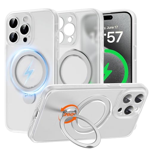 Multi-in-1 MagStänder für iPhone 15 Pro Max Hülle Kompatibel mit MagSafe [Magnetisch+360°Ständer +Ringhalter] Schutzhülle Handyhülle iPhone 15 Pro Max Case Cover Silikon Bumper Handyhüllen, Weiß von Derwav