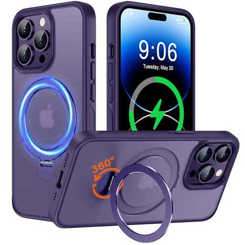 Derwav Hülle mit 360° Verstellbarem Ständer für iPhone 14 Pro für MagSafe - [Handyhülle Unsichtbarer Magnetisch Ring-Halter] [Militär Stoßfest Schutzhülle] Silikon Rahmen Matt Zurück Case Cover, Lila von Derwav