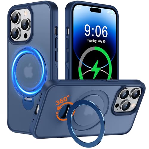 Derwav Hülle mit 360° Verstellbarem Ständer für iPhone 14 Pro für MagSafe - [Handyhülle Unsichtbarer Magnetisch Ring-Halter] [Militär Stoßfest Schutzhülle] Silikon Rahmen Matt Zurück Case Cover, Blau von Derwav