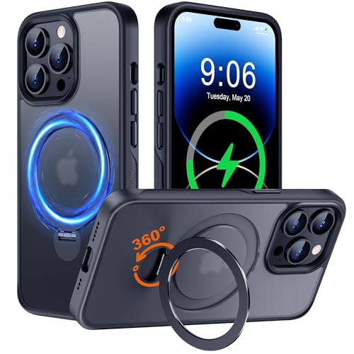 Hülle mit 360° Verstellbarem Ständer für iPhone 14 Pro für MagSafe - [Handyhülle Unsichtbarer Magnetisch Ring-Halter] [Militär Stoßfest Schutzhülle] Silikon Rahmen Matt Zurück Case Cover, Schwarz von Derwav
