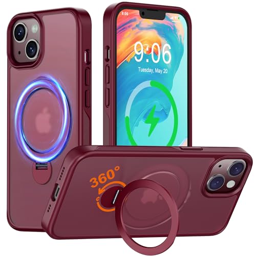 Derwav Hülle mit 360° Verstellbarem Ständer für iPhone 13/14 für MagSafe - [Handyhülle Unsichtbarer Magnetisch Ring-Halter] [Militär Stoßfest Schutzhülle] Silikon Rahmen Matt Zurück Case Cover, Rot von Derwav