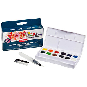 DERWENT Wasserfarbkasten 12 halbe Näpfchen und eine Derwent Mini Waterbrush in einer kompakten Palette mit Mischschale von Derwent