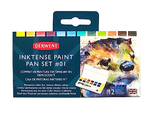 Derwent Inktense 12 Farbtöpfchen #1, 12er Set, halbe Töpfchengröße, wasserlöslich, ideal zum Malen und Basteln auf Papier und Stoff, professionelle Qualität, Reisegröße (2302636) von Derwent