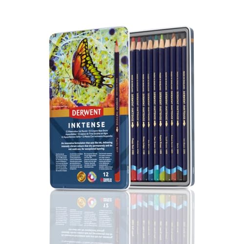 Derwent Inktense Permanent wasserlösliche Aquarellstifte, 12er Set in Metallbox, 4 mm Premium-Kernstärke, ideal zum Ausmalen, Malen und Basteln, professionelle Qualität (0700928) von Derwent