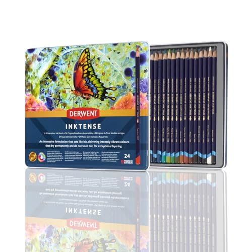 Derwent Inktense Permanent wasserlösliche Aquarellstifte, 24er Set in Metallbox, 4 mm Premium-Kernstärke, ideal zum Ausmalen, Malen und Basteln, professionelle Qualität (0700929) von Derwent