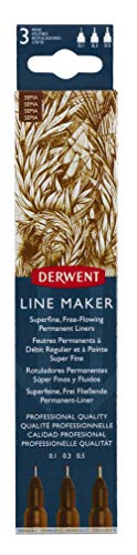 Derwent Sepia Line Maker Stifte, Set mit 3 Stück, Fineliner, verschiedene Spitzenstärken, schnell trocknende Tinte, zum Skizzieren, Schreiben, Illustrieren, professionelle Qualität, 2305561 von Derwent