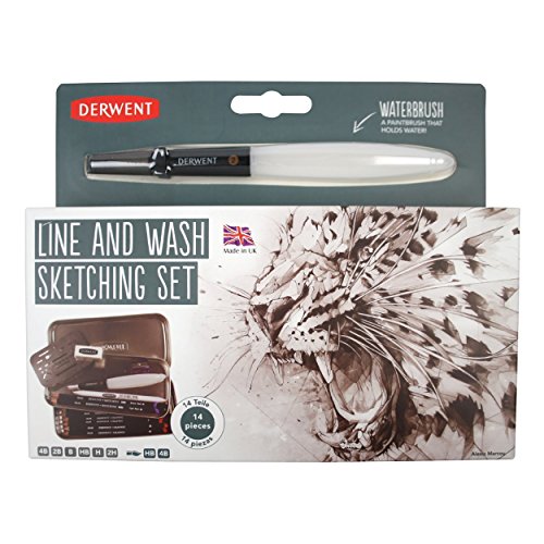 Derwent Line & Wash Sketching Set, Skizzierset, Zeichenset, Enthält 6 Graphit-Zeichenstifte, 2 Wasserlösliche Stifte & Zubehör, Professionelle Qualität, 2302162 14-teiliges Set von Derwent