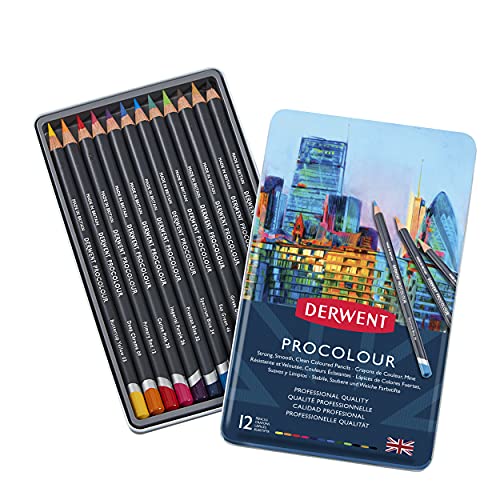 Derwent Procolour Buntstifte, Set mit 12 Stück in Metalldose, 4mm Runder Kern in Premium-Stärke, Glatte Textur, Ideal fürs Zeichnen und Malen, Profi-Qualität, 2302505 von Derwent