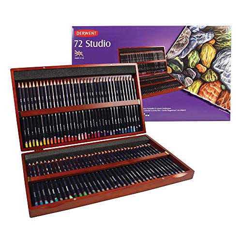 Derwent Studio Buntstifte in einer Geschenk-Box aus Holz, Zeichnen & Ausmalen, 72er-Set, Ideal für Illustrationen & Detaillierung, Professionelle Qualität, 32199 von Derwent