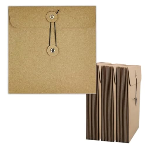 Desecraft 250 g/m², 30 Stück, 15,2 x 15,2 cm, quadratisch, klein, Vintage-Kraftpapierschnur, Business-Briefumschläge, Knopf- und Schnurverschluss, Verschluss für Geschenkkartenhalter, Aufbewahrung von von Desecraft