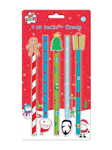 Kids Create Pack 5 Kinder Weihnachten HB Bleistifte & Neuheit Festliche Radiergummis Set von Design Group