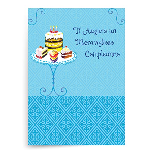 Designer Greetings Geburtstagskarten mit italienischer Sprache, lustiges buntes Kuchen-Gebäck-Design (6 Stück mit blauen Umschlägen/6 biglietti di auguri e buste) von Designer Greetings