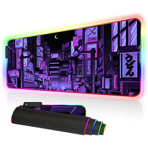 Anime-Geschenke, Violett japanisches Anime-Nacht-Stadt-RGB-Mauspad, LED-Mauspad, Gaming, Kawaii-Mauspad, Anime-Stuff, Gamer-Mauspad, Laptop-Pad-Matte, Tastatur-Pad-Matte, langes Mauspad HG von Designfullprint