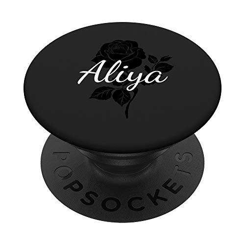 Aliya - Name Schwarze Rose Personalisiertes Geschenk Grau PopSockets PopGrip: Ausziehbarer Sockel und Griff für Handys/Tablets mit Tauschbarem Top von Designs for Girls