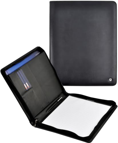 DESQ® Leder A4-Schreibmappe - Umlaufender Reißverschluss, Einsteckfäch für Dokumenten, 5 Kartenfächer, Schreibblock ausgestattet, Schwarz, Dutch Design von Desq