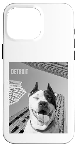 Detroit Dog Smiling Pit Bull Urban Wolkenkratzer, Schwarz / Weiß Hülle für iPhone 16 Pro Max von Detroit Original Apparel