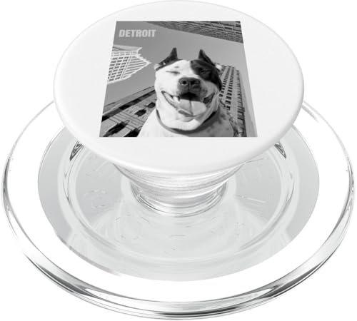 Detroit Dog Smiling Pit Bull Urban Wolkenkratzer, Schwarz / Weiß PopSockets PopGrip für MagSafe Detroit Dog Smiling Pit Bull Urban Wolkenkratzer, Schwarz / Weiß PopSockets PopGrip für MagSafe von Detroit Original Apparel