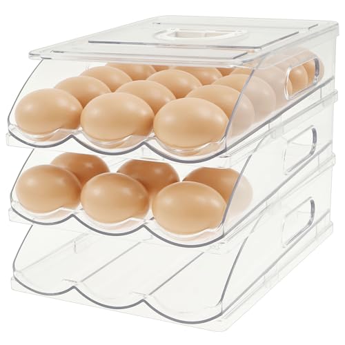 3 Stück Eierhalter,Automatischer Eierspendermit Griff und Deckel für Kühlschrank,Bruchsicheres Eierregal für Die Küchenarbeitsplatte(Drei Etagen) von Deuson