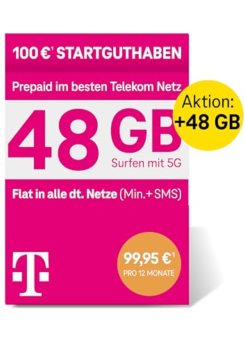 Telekom MagentaMobil Prepaid 5G Jahrestarif SIM-Karte I 48 GB Datenvolumen (4 GB/Monat) & Flat (Min, SMS) in alle dt. Netze + EU-Roaming I Surfen mit 5G/ LTE Max & Hotspot Flat I 100 EUR Startguthaben von Deutsche Telekom