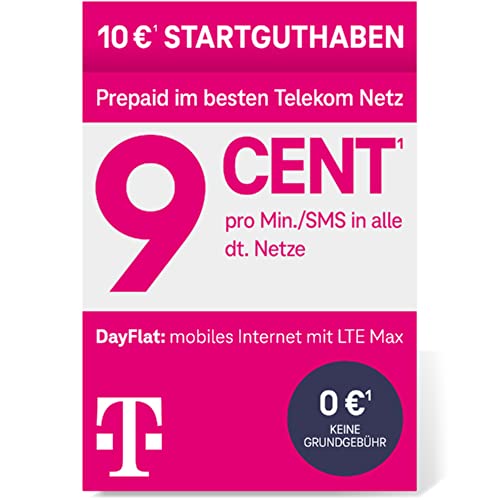 Telekom MagentaMobil Prepaid Basic SIM-Karte | 9ct pro Minute/SMS in alle dt. Netze | 10 EUR Startguthaben | Ohne Vertragsbindung I Volle Kostenkontrolle von Deutsche Telekom