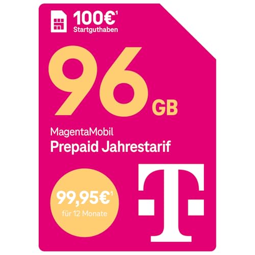 Telekom MagentaMobil Prepaid Jahrestarif 96 GB (8 GB/Monat) | 5G/LTE Max & Allnet Flat in alle dt. Netze | unverbrauchtes Datenvolumen weiter nutzen | EU Roaming & Hotspot Flat | 100 EUR Startguthaben von Deutsche Telekom