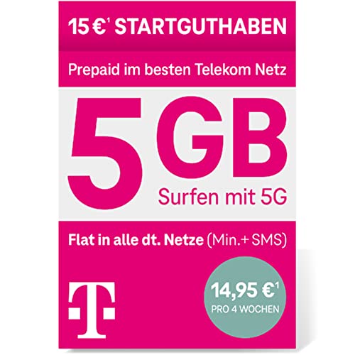 Telekom MagentaMobil Prepaid L I 8GB Datenvolumen I SIM-Karte ohne Vertragsbindung I Allnet Flat (Min, SMS) in alle dt. Netze I EU-Roaming I Surfen mit 5G/ LTE Max & Hotspot Flat von Deutsche Telekom