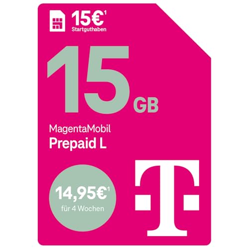 Telekom MagentaMobil Prepaid L mit 15 GB Highspeed-Volumen | 5G/LTE Max & Allnet Flat in alle dt. Netze | unverbrauchtes Datenvolumen weiter nutzen | EU Roaming & Hotspot Flat | 15 EUR Startguthaben von Deutsche Telekom