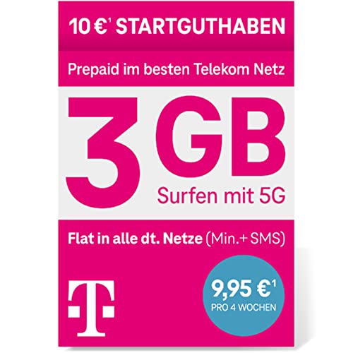 Telekom MagentaMobil Prepaid M SIM-Karte ohne Vertragsbindung, 5G inklusive I + 3 GB & Allnet Flat (Min, SMS) in alle dt. Netze & EU-Roaming I 10EUR Startguthaben von Deutsche Telekom