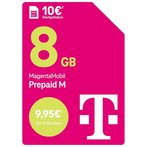 Telekom MagentaMobil Prepaid M mit 8 GB Highspeed-Volumen | 5G/LTE Max & Allnet Flat in alle dt. Netze | unverbrauchtes Datenvolumen weiter nutzen | EU Roaming & Hotspot Flat | 10 EUR Startguthaben von Deutsche Telekom