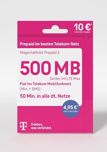 Telekom MagentaMobil Prepaid S SIM-Karte ohne Vertragsbindung I inkl. 500 MB & Flat (Min, SMS) ins Telekom Mobilfunknetz & EU-Roaming I Surfen mit LTE Max I 10 EUR Startguthaben von Deutsche Telekom
