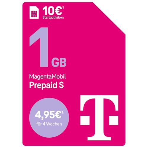 Telekom MagentaMobil Prepaid S mit 1 GB Highspeed-Volumen I Surfen mit 5G/ LTE Max & Flat ins Telekom Mobilfunknetz (Min., SMS) + 50 Freiminuten in alle Anderen dt. Netze I 10 EUR Startguthaben von Deutsche Telekom