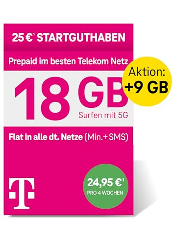 Telekom MagentaMobil Prepaid XL SIM-Karte ohne Vertragsbindung, 5G inkl. I 18 GB & Allnet Flat (Min, SMS) in alle dt. Netze + EU-Roaming I Surfen mit 5G/ LTE Max & Hotspot Flat I 25 EUR Startguthaben von Deutsche Telekom