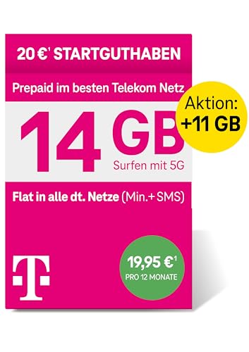 Telekom MagentaMobil Prepaid XL Special SIM-Karte ohne Vertragsbindung, 5G inkl. I 25 GB & Allnet Flat in alle dt. Netze + EU-Roaming I Surfen mit 5G/ LTE Max & Hotspot Flat I 20 EUR Startguthaben von Deutsche Telekom