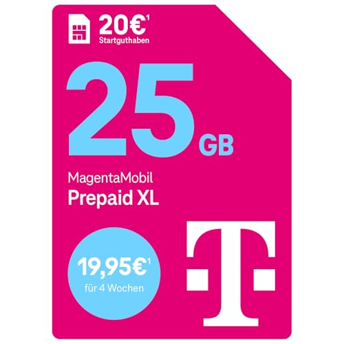 Telekom MagentaMobil Prepaid XL mit 25 GB Highspeed-Volumen | 5G/LTE Max & Allnet Flat in alle dt. Netze | unverbrauchtes Datenvolumen weiter nutzen | EU Roaming & Hotspot Flat | 20 EUR Startguthaben von Deutsche Telekom