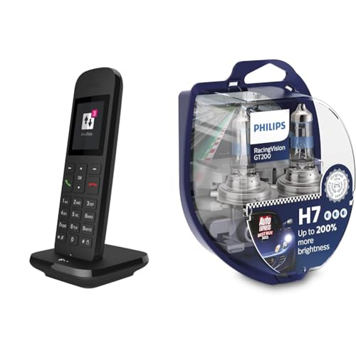 Telekom Speedphone 12 Schwarz Kabelloses Telefon,Eco-Mode,Strahlungsarm BRANDNEU & Philips Halogen RacingVision GT200 H7 Scheinwerferlampe +200%, Doppelset 12972RGTS2 Twin Box, Silber von Deutsche Telekom