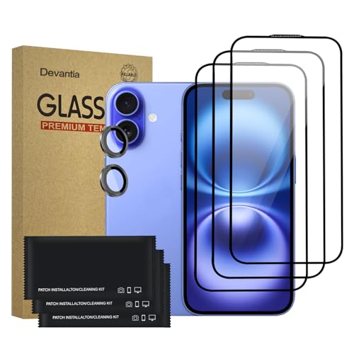 Devantia Displayschutzfolie für iPhone 16 Plus - 3 Stück Schutzfolie aus gehärtetem Glas + 2 Stück Kameraschutz, Anti- Kratzer, 9H Härte, HD-Klar, mit Werkzeugen (3 Stück) von Devantia