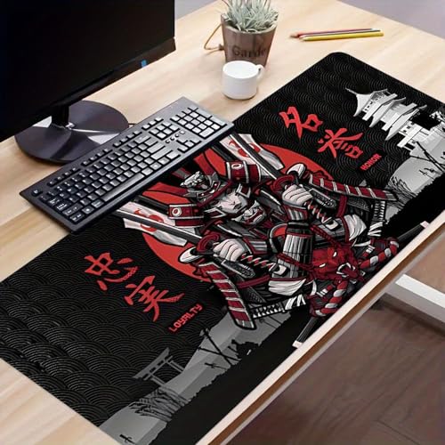 Mauspad mit japanischem Samurai, cooles Anime, Rot und Schwarz, großes Spiel-Mauspad, Computer-HD-Tastatur-Pad, Schreibtischmatte, Naturkautschuk, rutschfest, Bürotischzubehör (90 x 40 cm) von Devineresse