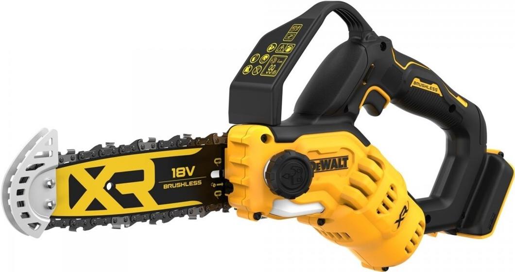 DEWALT DCMPS520N-XJ Akku-Astsäge 20 cm Schwert buerstenlos 18 Volt - Leistungsstarke 18 Volt Akku-Astsäge - ideal für die allgemeine Baumpflege Bürstenlose Motor-Technologie für höhere Leistung - kompaktere Abmessungen sowie längere Lebensdauer Stufenloser Gasgebeschalter für die volle Leistungskontrolle Mit Sicherheitseinschaltsperre Metallschutzvorrichtung verringert das Kick-Back-Risiko beim Treffen auf Zaun oder Mauer und schützt die Kette vor Schmutz  für mehr Sicherheit 20 cm Schwert  ideal auch für schwerzugänglichen Stellen Automatisches Kettenschmierungssystem  Sägekette ist optimal während der Anwendung geschmiert - Verschleiß der Kette und des Schwerts wird reduziert Zweihand-Griff mit zusätzlichem Handschutz für bessere Kontrolle und mehr Sicherheit Seitliche Kettenspannung mit Werkzeug Werkzeugloser Öltankverschluss und halbtransparenter Öltank Leichtes Gewicht  kompaktes Design - handlich und bequem in der Handhabung Serienmäßig als Basistype (ohne Akkus und Ladegerät) optimal geeignet bei bereits vorhandenen 18 Volt XR- oder 54 XR FLEXVOLT-Akkus jeweils aller Ah-Klassen (DCMPS520N-XJ) von Dewalt