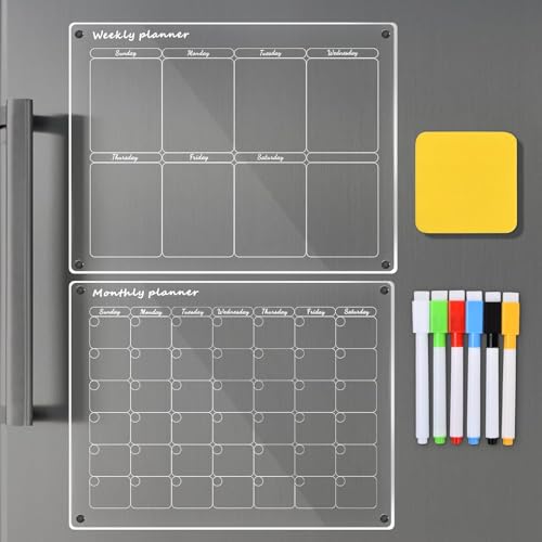 Dewocke 2 Stück Magnetische Abwischbare Kalender (1*Monatsplaner + 1*Wochenplanner), Acrylic Transparent Kühlschrankkalender Magnetisch, Abwischbar Stundenplan Magnettafel für Kühlschrank, 40 x 30cm von Dewocke