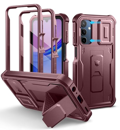 Dexnor Kompatibel mit Samsung Galaxy A15 5G Hülle mit Eingebaute Schiebekamera Abdeckung&Displayschutz&Kickstand, Schwerlast Stoßfestes Robustes Handyhülle Ganzkörper Stoßfänger Schutzhülle- Magie Rot von Dexnor