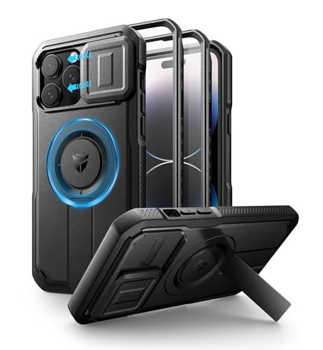 Dexnor Kompatibel mit iPhone 14 Pro Max Hülle mit Kameraabdeckung Schieben & Einstellbarer Kickstand & Integrierter Displayschutz, Robuste stoßfeste Bumper Heavy Duty Mangetic Schutzhülle - Schwarz von Dexnor