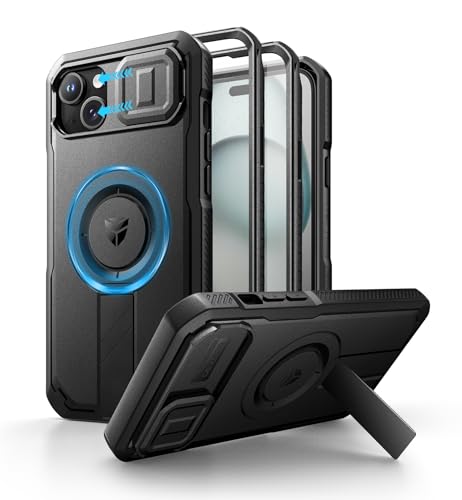 Dexnor Kompatibel mit iPhone 15 Plus/14 Plus Hülle mit Kameraabdeckung Schieben & Einstellbarer Kickstand & Integrierter Displayschutz, Robuste stoßfeste Bumper Mangetic Schutzhülle - Schwarz von Dexnor
