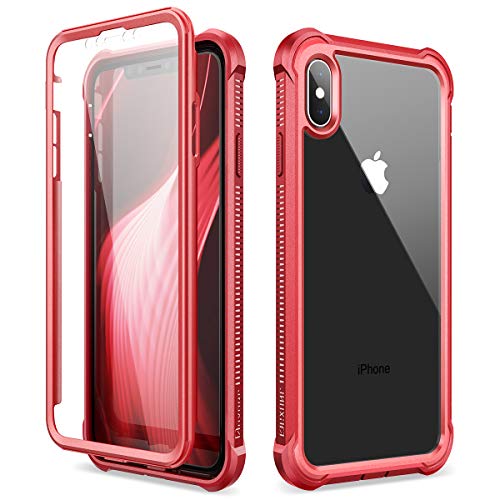 Dexnor Kompatibel mit iPhone X iPhone XS Hülle (5.8''), 360 Grad Ganzkörper Anti Rutsch und Stoßfeste Weiche TPU Stoßstange + PC Klar Schutzhülle mit Eingebauter Displayschutzfolie - Rot von Dexnor