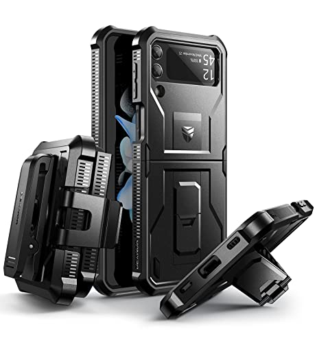 Dexnor Stoßfeste Hülle für Samsung Galaxy Z Flip 4 5G, Robuste Stoßfänger Schutzhülle mit faltbarem Kickstand, Holster Cover mit 360°drehbarem Gürtelclip - Schwarz von Dexnor