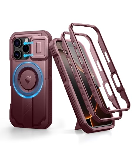 Dexnor Kompatibel mit iPhone 16 Pro Hülle mit Kameraabdeckung Schieben & Einstellbarer Kickstand & Integrierter Displayschutz, Robuste stoßfeste Bumper Heavy Duty Mangetic Schutzhülle- Magie Rot von Dexnor