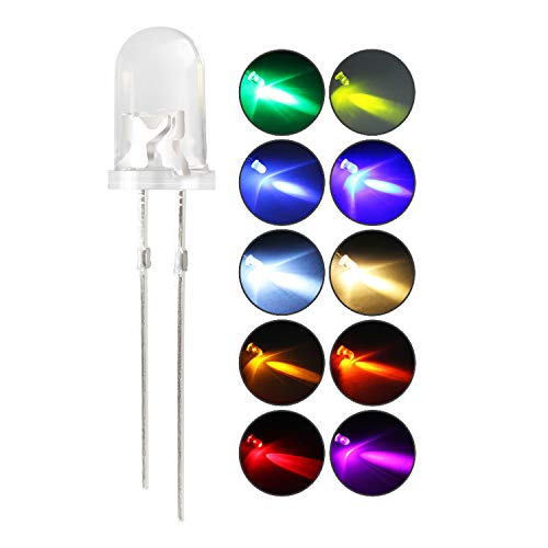 DiCUNO 5MM LED Leuchtdioden, transparenter Rundkopf LED Dioden Multicolor für Handarbeit, 10 Farben (10er Jede Farbe), Rot Grün Blau Purpur Orange Gelb usw, 100er Set von DiCUNO