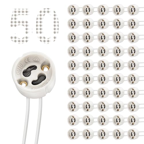 DiCUNO GU10 Fassung, 15CM Silikon-Stromleitung (0.75mm²), VDE & CSA, GU10 Keramiksockel für LED, Glühlampe, Halogen, Hitzebeständigkeit bis 600℃, 0-250V, 0-300W, 50er Set von DiCUNO