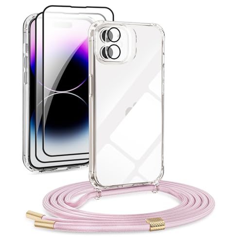 [5 in 1] 1*Handykette Set für iPhone 11 Hülle mit Band + 1*Transparent Schutzhülle+2*Schutzfolie+1*kameraschutz Glas, Abnehmbar Necklace Stylische Handyhülle zum Umhängen Kordel Case (Roségold) von DiDaDi