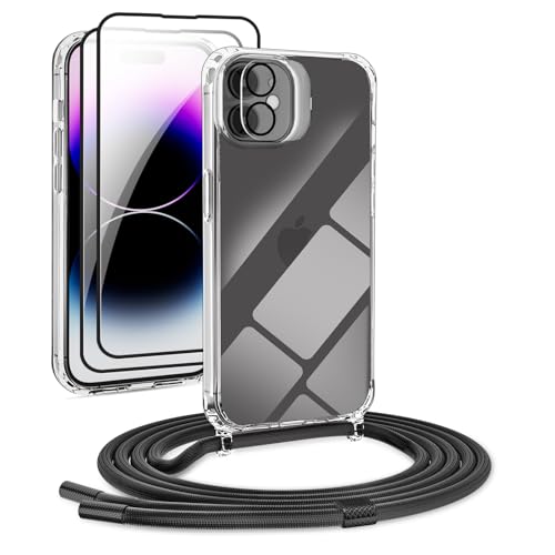 [5 in 1] 1*Handykette Set für iPhone 12 6.1 Hülle mit Band + 1*Transparent Schutzhülle+2*Schutzfolie+1*kameraschutz Glas, Abnehmbar Necklace Stylische Handyhülle zum Umhängen Kordel Case (Schwarz) von DiDaDi